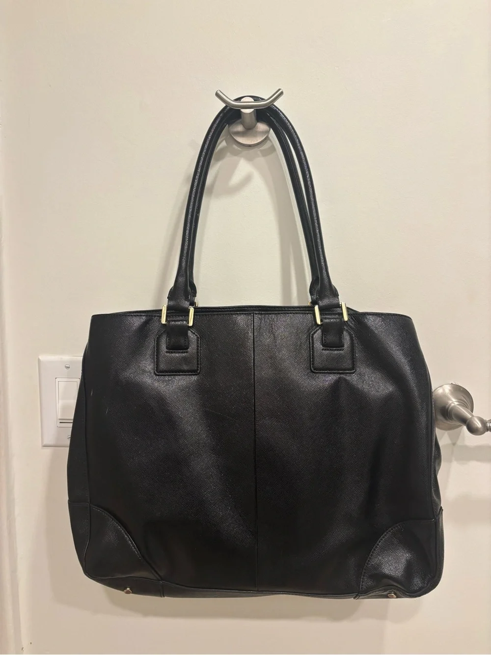 Tory Burch Black Leather Double-Handle Tote with Gold Logo